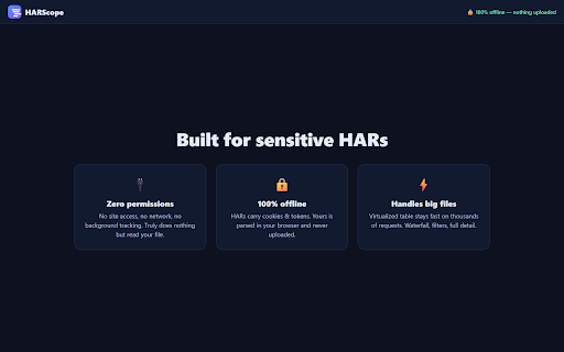 HARScope — Offline HAR Viewer :: Open & inspect HAR files locally — waterfall, requests, headers, bodies, timings. 100% offline; nothing is uploaded.