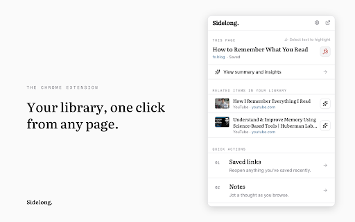 Sidelong :: Turn everything you learn into writing worth reading. Save articles, videos, podcasts, and highlights to your library in one click.
