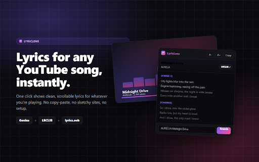 LyricLens - Lyrics for YouTube :: Instantly see synced, scrollable lyrics for any YouTube song. Pulls from Genius, LRCLIB & more. One click, no setup.