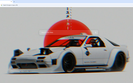 Custom JDM Mazda RX-7 Retro Car Live Wallpaper :: A widebody white Mazda RX-7 with retro glitch effects and Japanese text against a rising red sun background.