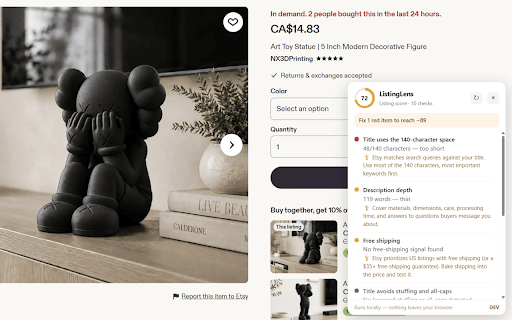ListingLens — Listing Audit for Etsy Sellers :: Instant SEO score and optimization checklist on any Etsy listing page. Runs 100% locally — no account, no data collection.