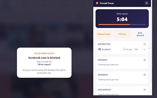 Forced Focus – AI Deep Work Guardian :: Goal-based focus sessions that suspend distracting tabs and block distraction sites until you end the session.