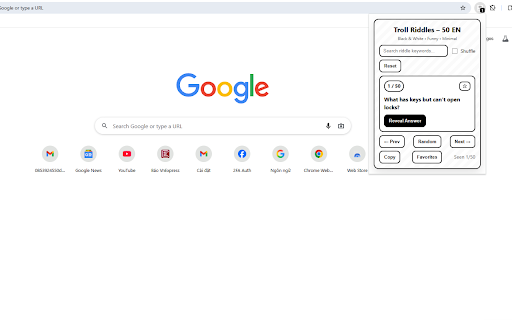 Troll Riddles – 50 EN :: 50 funny troll-style riddles in English. Minimal black & white UI, favorites, shuffle, copy, search, keyboard shortcuts.