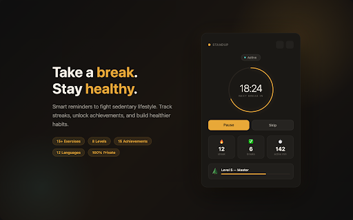 StandUp - Break Reminder :: Smart break reminders to fight sedentary lifestyle. Streaks, achievements, 15+ exercises, health score. Lightweight & private.