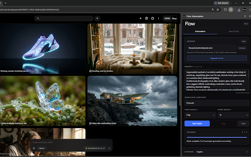 Auto Flow - Flow Automation & Bulk Video for Google Veo, Nano Banana :: Batch prompt processing for Google Flow (flow.google.com): prompt queue, generation, automatic download, next prompt.