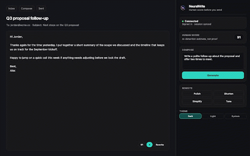 NeuraWrite :: Human-score writing assistant anywhere you write — rewrite, compose, and check AI-detection before you send.