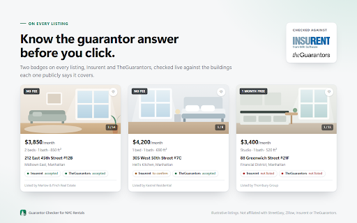 Guarantor Checker for NYC Rentals :: Renting in NYC without a US credit history? See on every listing whether the building accepts Insurent or TheGuarantors.