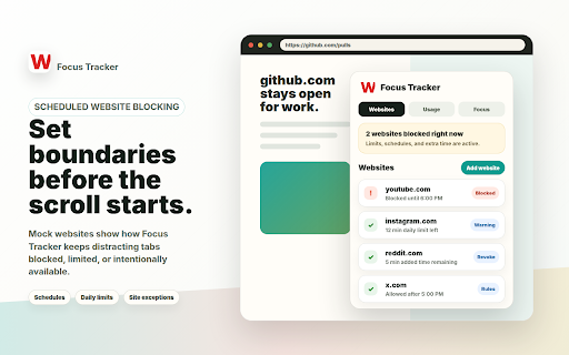 Focus Tracker - Website Blocker and Focus Timer :: Block distracting websites by schedule, track usage, run Pomodoro sessions, and keep extra time under control.