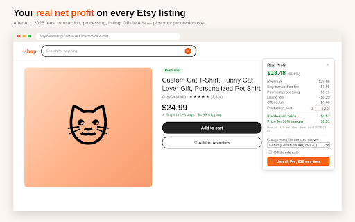 Real Profit: Etsy Fee & Profit Calculator :: Etsy profit calculator: real net margin on every listing after all 2026 fees + POD cost. One-time payment, no subscription.