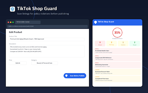 TikTok Shop Guard :: Scan TikTok Shop listings for policy violations before publishing. Avoid rejections and account suspensions.