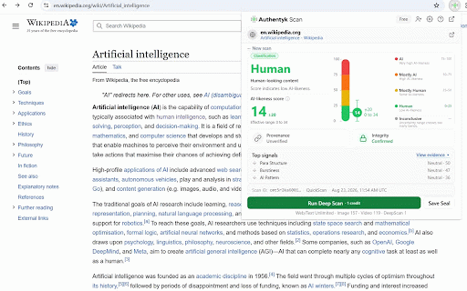 Authentyk Scan :: Free AI content detector for any web page. Check whether text, images, or video is AI-generated and share a verification Seal.