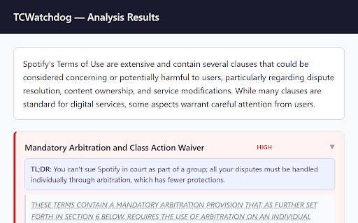 TCWatchdog :: AI-powered analysis of terms and conditions. Detect concerning clauses, hidden fees, and privacy issues on any webpage.