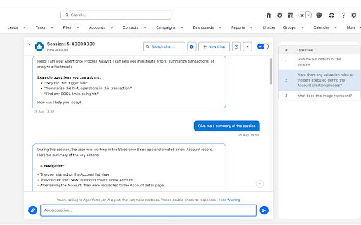 SFDC AI Process Analyzer :: Profiles Salesforce debug logs and uploads Timeline Maps for Agentforce Analysis.