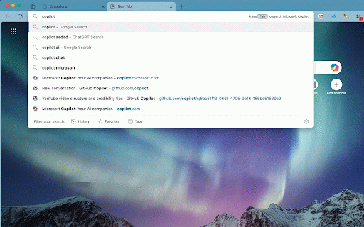 Microsoft Copilot Search :: Add Copilot to the Chrome address bar. Type 'copilot' + Tab to search instantly. Does not change your default search engine.