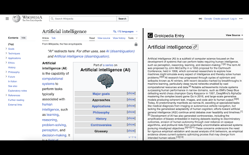 Grokipedia VS Wikipedia :: Toggles side-by-side comparison between Wikipedia and Grokipedia content.