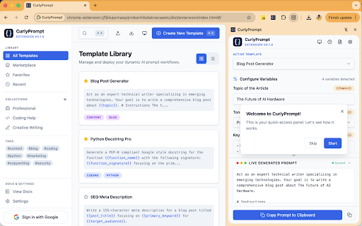 CurlyPrompt :: Build reusable prompt templates with variables and inject them into AI tools like ChatGPT, Claude, Gemini, etc.