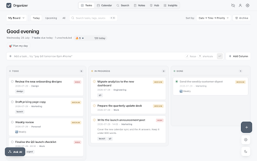 Organizer: New Tab Task Manager & Calendar :: Replace your new tab with a kanban task board, calendar sync, sticky notes, quick links and AI. Free, no account needed.