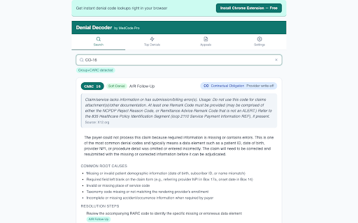 Denial Decoder - CARC & RARC Code Lookup :: Instant CARC & RARC denial code lookup with plain-English explanations, root causes, and resolution steps.