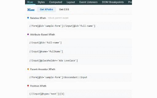 XLoc :: Advanced XPath locator tool for Chrome DevTools with intelligent path generation strategies