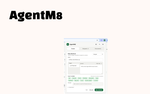 AgentM8 - AI Prompt & Text Expander :: AI prompt and text expander with reusable snippets, fill-in templates, clipboard context, and local documents.