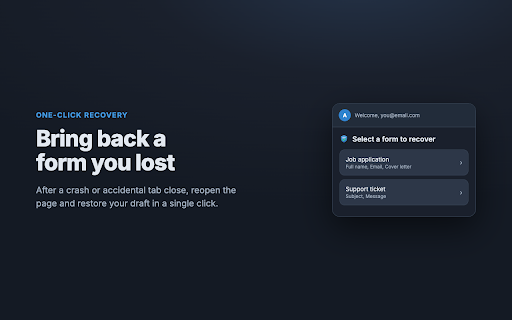 Form Guardian – Recover Lost Form Data + Autosave :: Automatically saves what you type in web forms and restores it in one click after a crash, tab close, or network error. Free.
