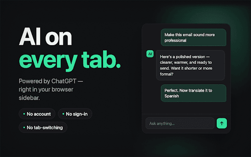Ask Chat GPT :: Your Ask Chat GPT sidebar to ask ai chat gpt, summarize any tab and ask chatgpt a question in the chatgpt browser you use.