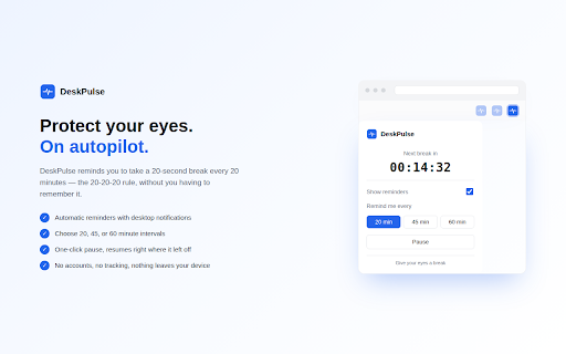 DeskPulse :: A focus & wellness assistant for screen work: 20-20-20 eye break reminders to protect your eyes during long screen sessions.