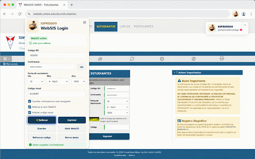 Espressoo WebSIS Login :: Acceso rapido y local al formulario de estudiantes de WebSIS UMSS.