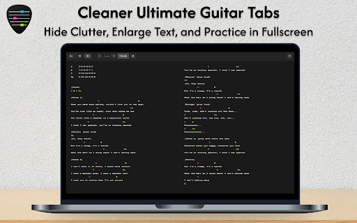TabStage - Fullscreen Tabs for Ultimate Guitar :: Distraction-free tab reader for Ultimate Guitar. Multi-column layout, colored chords, and custom font size - built for practice.