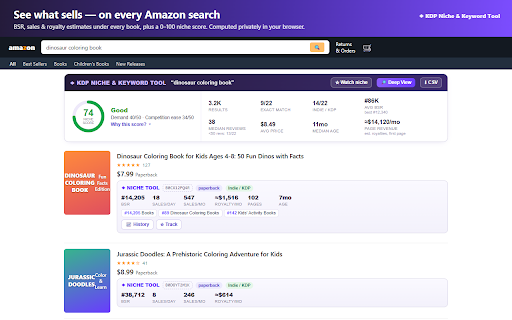 KDP Niche & Keyword Tool — Amazon Niche Finder & Book Research :: Find profitable KDP niches in seconds: BSR data, sales estimates, niche scores & keyword research on every Amazon search. Free.