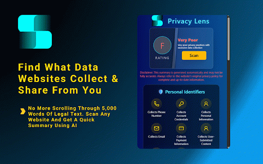 Privacy Lens - See What Websites Track & Share :: See what websites collect, track, and share about you. Instant AI privacy summaries with simple icons.