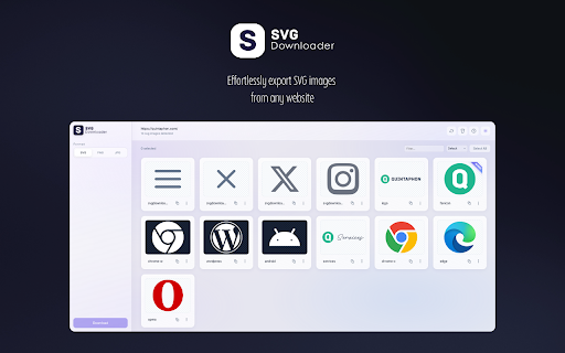 SVG Downloader :: Find, preview, resize, and export SVG images from any webpage as SVG, PNG, or JPG - with minify and crop options.