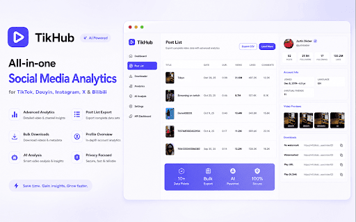 TikHub - Social Media Toolkit :: Bring-your-own-key TikHub client. Collect comments, analyze profiles & generate reports for TikTok, Douyin, Instagram, X & Bilibili.