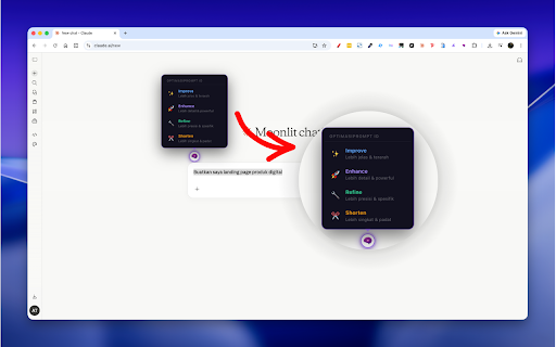 OPTIMASIPROMPT ID :: Optimalkan & sempurnakan prompt AI kamu langsung di halaman chat — cukup 1 klik, tanpa pindah tab atau copy-paste.