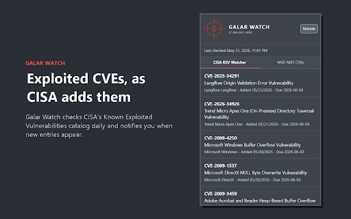Galar Watch :: Real-time CVE monitoring from CISA and NVD feeds. Stay informed about the latest vulnerabilities with instant notifications.
