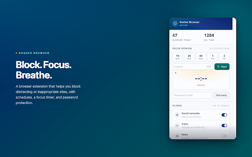 Kosher Browser :: Block distracting or inappropriate sites with schedules, a focus timer, password lock, and SafeSearch enforcement.