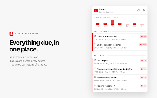 Crunch for Canvas :: Your Canvas coursework in Chrome: what's due, what's missing, your grades, and reminders before deadlines.