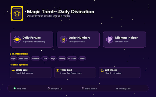 Magic Tarot - Daily Divination :: Beautiful professional tarot extension. 8 decks, 40+ spreads, daily fortune, lucky numbers, dilemma helper — fully free.