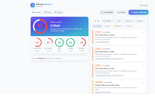 AI Browser QA Tester :: AI-powered website QA testing directly in Chrome — accessibility, SEO, performance, console, links and more.