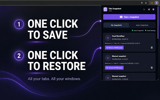 Tab Snapshot - Save, Restore & Auto Backup :: Save and restore Chrome tabs, windows, and tab groups. Includes Auto Snapshots plus encrypted local and Google Drive backups.