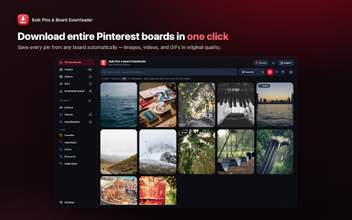 Pinterest Bulk Pins And Board Downloader :: Download Pinterest pins, images, videos, GIFs and entire boards in one click. Organize, search, and export your inspiration.