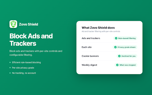 Zovo Shield - Block Ads and Trackers :: Block ads and trackers, see each site’s privacy grade, hide cookie banners with one switch, and get a weekly tracker digest.
