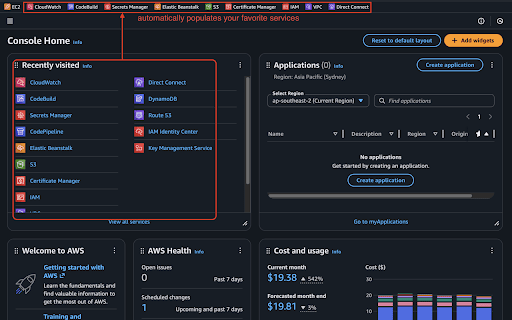 AWS Favorites Quickbar :: Automatically populate AWS Console favorites bar with your favorite services and recently visited services