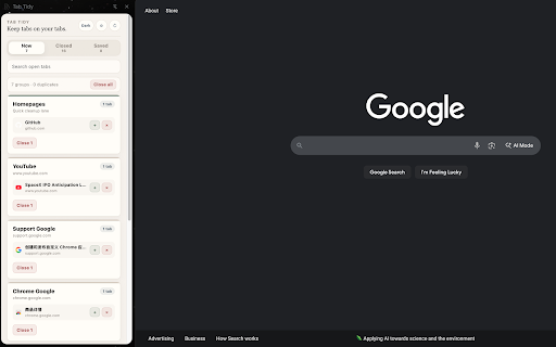 Tab Tidy :: A warm side-panel control center for open tabs, closed tabs, duplicates, and saved-for-later cleanup.