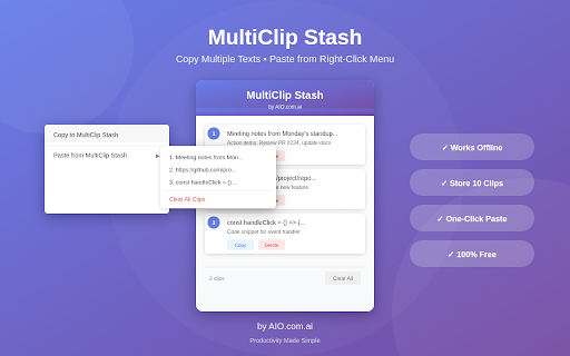 MultiClip Stash :: Copy multiple texts, paste any from right-click menu. by AIO.com.ai