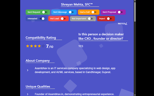 LinkedInProfiler: AI-Powered Prospect Intelligence :: AI tool that reveals persona, SWOT, ICP match & answers your custom questions for every LinkedIn profile—right as you browse.