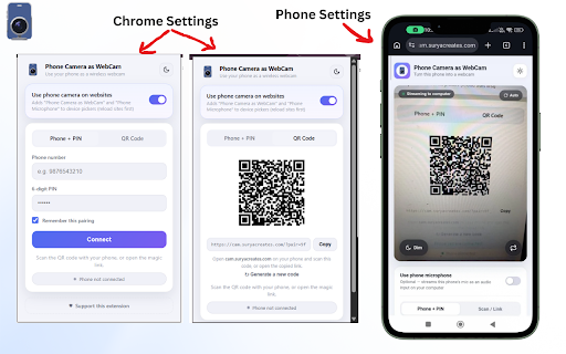 Phone Camera as WebCam + Phone Mic :: Turn your phone into a wireless webcam for Chrome (Meet, Zoom, more). Pair with a QR code or saved PIN — no cables needed.