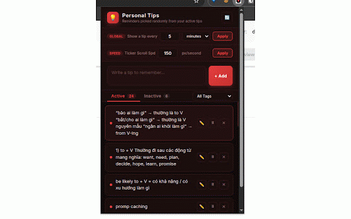 Personal Tips :: Save personal tips and get reminded on a repeating schedule. Syncs across devices.