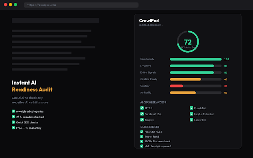 CrawlPod — AI Visibility Score & SEO Checker :: Check your AI visibility. See if major AI crawlers can find, read, and cite your website. Free AI SEO audit tool.