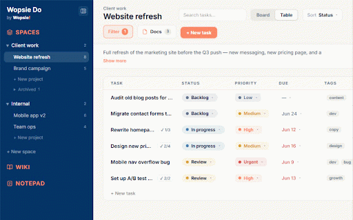 Wopsie! Do :: Plan, track and write without leaving your browser. Spaces → projects → tasks, plus docs and notes — private and synced.
